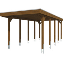 Carport en bois avec toit plat et ancrages de poteaux en H