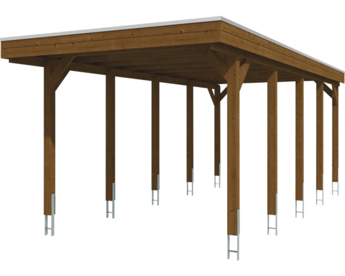 Carport en bois avec toit plat et ancrages de poteaux en H