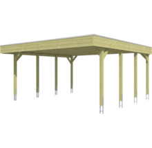 Carport aus Holz mit Flachdach, freistehend mit stabilen Pfosten und Metallankern.
