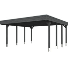 Carport en bois avec un toit plat et des poteaux de soutien robustes.