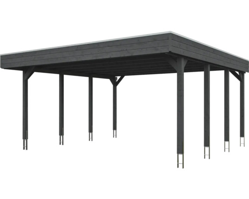 Carport en bois avec un toit plat et des poteaux de soutien robustes.