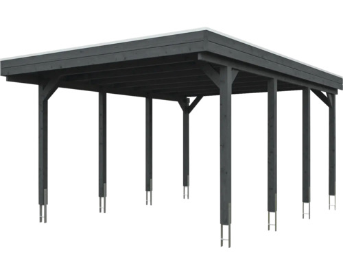Carport en bois avec toit plat et poteaux robustes de couleur sombre.