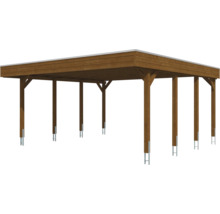 Carport double en bois brun avec toit plat et ancrages de poteaux en métal.