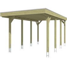 Carport en bois avec toit plat et six poteaux sur ancres en H.
