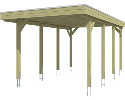 Carport en bois avec toit plat et six poteaux sur ancres en H.