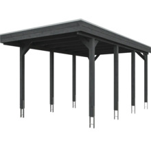 Carport en bois avec toit plat et six poteaux en anthracite.