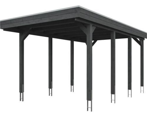 Carport en bois avec toit plat et six poteaux en anthracite.