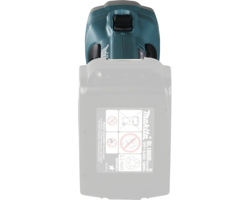 Batterie lithium-ion Makita BL1860B de 18 Volts et 6,0 Ampères-heures sur un outil avec symboles de recyclage.