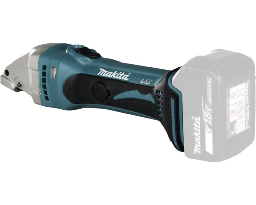 Cisaille à tôle sans fil Makita avec batterie de 18 Volts.