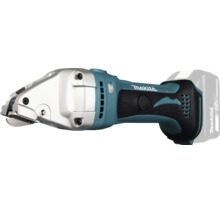 Cisaille à métaux sans fil Makita 18 Volts, boîtier bleu et noir avec tête de coupe en métal argenté et poignée caoutchoutée.