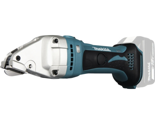 Cisaille à métaux sans fil Makita 18 Volts, boîtier bleu et noir avec tête de coupe en métal argenté et poignée caoutchoutée.