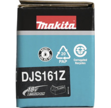 Logo Makita. Emballage de produit pour le modèle DJS161Z, 18 Volt Lithium-Ion. Symboles de recyclage pour batteries Lithium-Ion et carton ondulé.