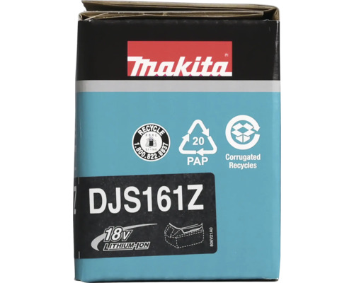 Logo Makita. Emballage de produit pour le modèle DJS161Z, 18 Volt Lithium-Ion. Symboles de recyclage pour batteries Lithium-Ion et carton ondulé.