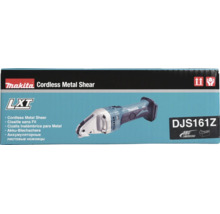 Makita Logo, cisaille à métaux sans fil LXT DJS161Z pour batteries 18 Volt Lithium-Ion sur l'emballage du produit.