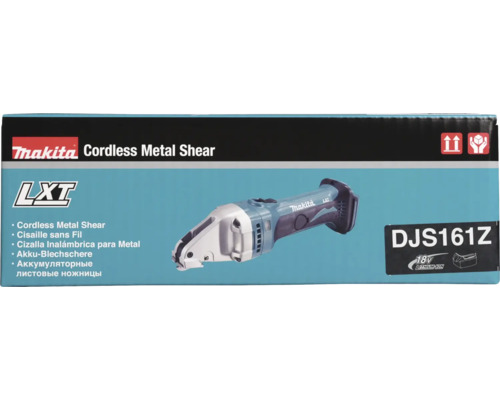 Makita Logo, cisaille à métaux sans fil LXT DJS161Z pour batteries 18 Volt Lithium-Ion sur l'emballage du produit.