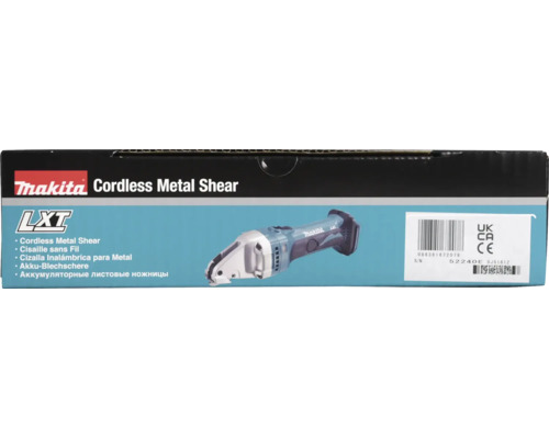 Cisaille à métaux sans fil Makita LXT sur l'emballage du produit avec Makita Logo.