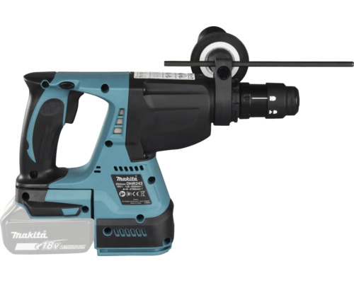 Perforateur sans fil Makita DHR243 avec batterie de 18 Volt, poignée latérale et butée de profondeur.