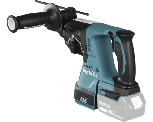 Perforateur sans fil Makita 18 Volt LXT avec moteur sans balais, poignée supplémentaire et butée de profondeur.