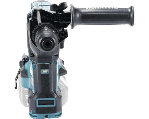 Makita Akkumulator-Kombihammer in Blau und Schwarz mit Zusatzhandgriff und Tiefenanschlag in der Vorderansicht.