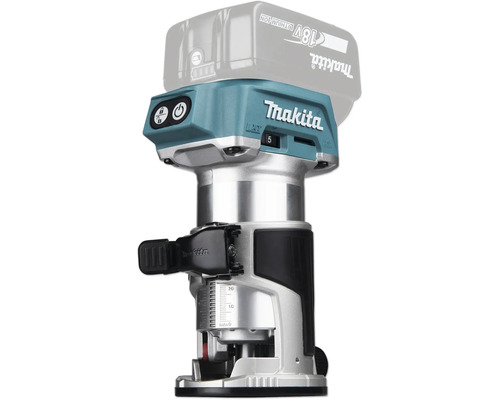 Affleureuse sans fil Makita LXT 18 Volt avec graduation de profondeur et éléments de commande.