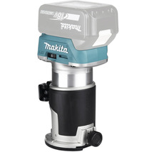 Affleureuse sans fil Makita 18 Volt avec batterie lithium-ion, appareil compact en métal et plastique.
