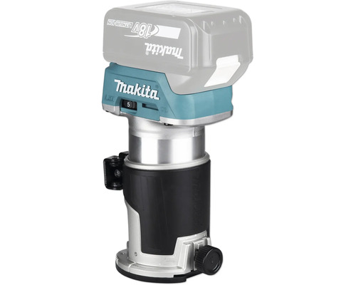 Affleureuse sans fil Makita 18 Volt avec batterie lithium-ion, appareil compact en métal et plastique.