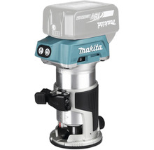 Affleureuse sans fil Makita 18 Volt LXT avec carter en aluminium et poignée caoutchoutée pour le travail du bois.