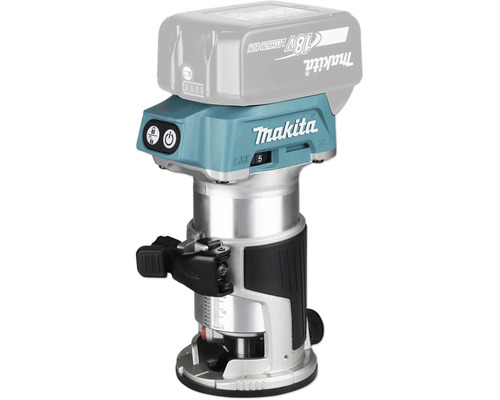 Affleureuse sans fil Makita 18 Volt LXT avec carter en aluminium et poignée caoutchoutée pour le travail du bois.
