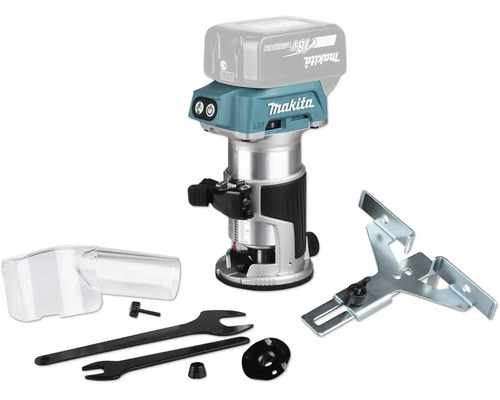 Défonceuse sans fil Makita 18 Volts avec accessoires tels que guide parallèle, raccord d aspiration et clés à fourche.