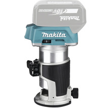 Affleureuse à batterie Makita 18 Volt LXT avec base réglable et poignée caoutchoutée.