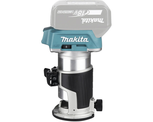 Affleureuse à batterie Makita 18 Volt LXT avec base réglable et poignée caoutchoutée.