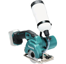 Coupe-verre et carrelage sans fil Makita avec réservoir d'eau et disque diamanté.