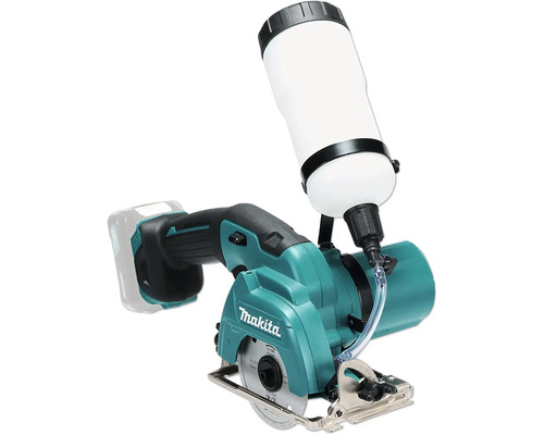 Coupe-verre et carrelage sans fil Makita avec réservoir d'eau et disque diamanté.