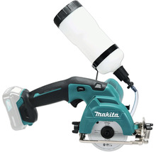 Coupe-verre et carrelage sans fil Makita en turquoise et noir avec réservoir d'eau blanc et disque diamanté.