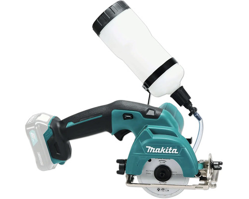 Coupe-verre et carrelage sans fil Makita en turquoise et noir avec réservoir d'eau blanc et disque diamanté.