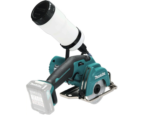 Coupe-verre sans fil Makita avec réservoir d'eau et batterie lithium-ion.