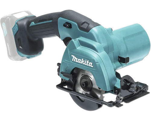 Scie circulaire sans fil Makita avec batterie insérée et protection de lame.
