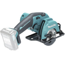 Scie circulaire sans fil Makita avec lame de scie et batterie.