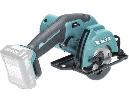 Scie circulaire sans fil Makita avec lame de scie et batterie.
