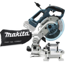 Akku-Kapp- und Gehrungssäge vu Makita mat bürsteloosem Motor, 18 Volt Lithium-Ionen-Akku, Stäubsak an Sägeblattschutz.
