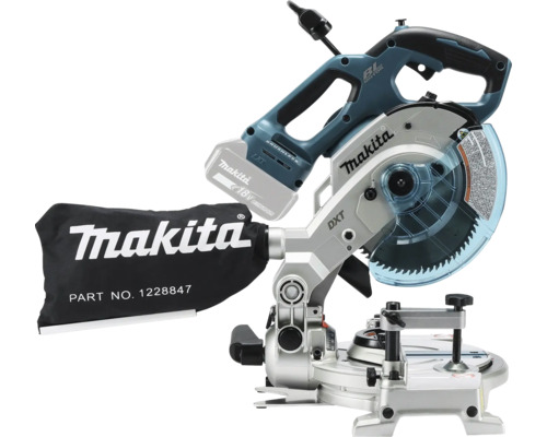 Akku-Kapp- und Gehrungssäge vu Makita mat bürsteloosem Motor, 18 Volt Lithium-Ionen-Akku, Stäubsak an Sägeblattschutz.