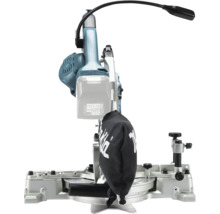 Makita Akku-Kapp- und Gehrungssäge mit flexibler LED-Arbeitsleuchte, silbernem Standfuß und Staubsack.