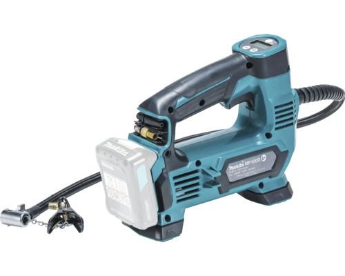 Compresseur sans fil Makita MP100D avec écran numérique et tuyau d'air.