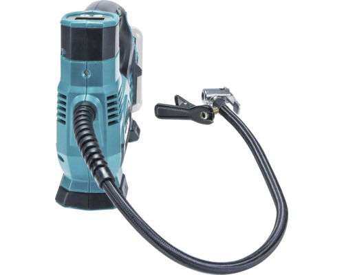 Compresseur sans fil avec tuyau flexible et raccord de valve.