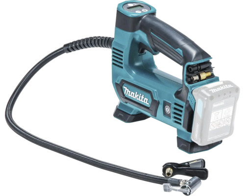 Gonfleur sans fil Makita avec tuyau d'air et affichage numérique.