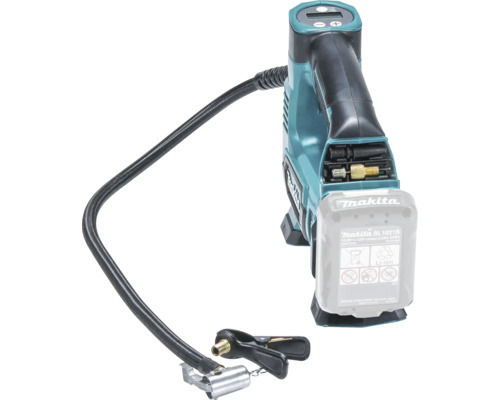 Gonfleur sans fil Makita 12 Volt avec ecran numerique, tuyau et batterie.