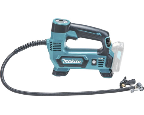 Gonfleur sans fil Makita avec écran numérique, tuyau noir et batterie insérée.