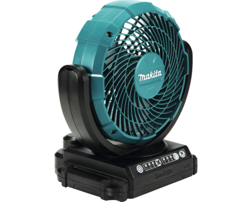 Makita Akku-Ventilator aus Kunststoff in Türkis und Schwarz mit verstellbarem Kopf und Bedienfeld.