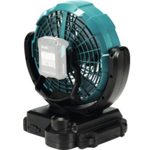 Tragbarer Makita Akku-Lüfter mit verstellbarem Kopf, Makita Logo und Lithium-Ionen-Akku mit Symbolen für Recycling und Entsorgung.