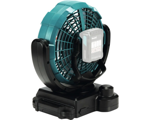Makita Akkumulator-Ventilator in der Rückansicht mit eingesetztem Akkumulator und Standfuß.
